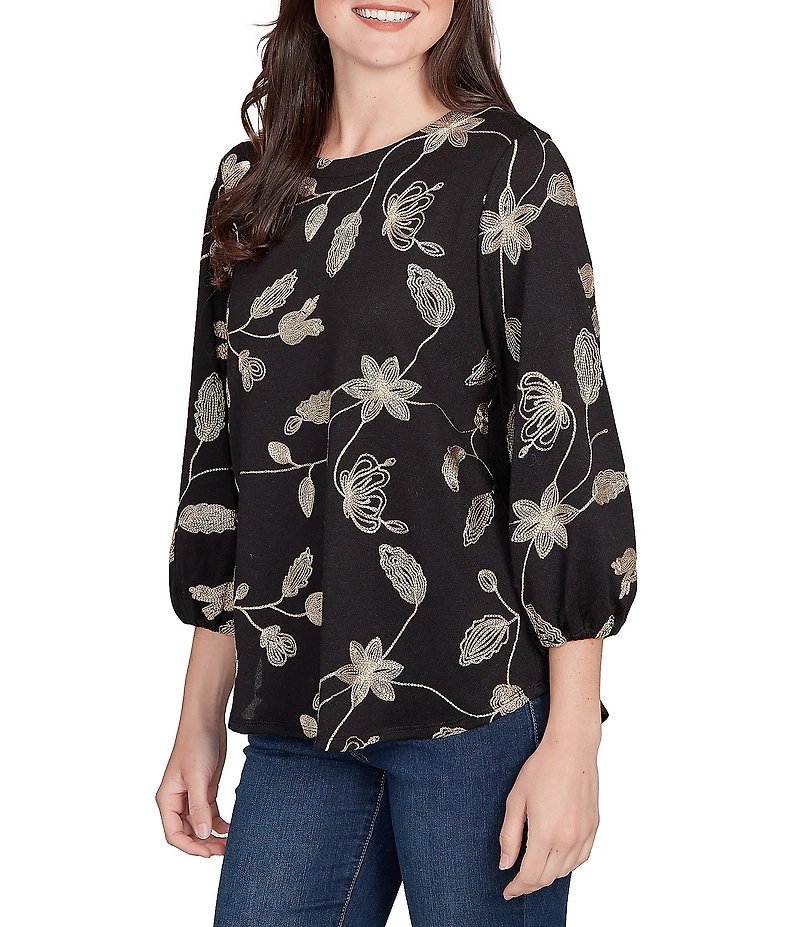 Ruby Rd. Metallic Embroidered Floral Crew Neck 3/4 Sleeve Top