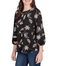 Ruby Rd. Metallic Embroidered Floral Crew Neck 3/4 Sleeve Top