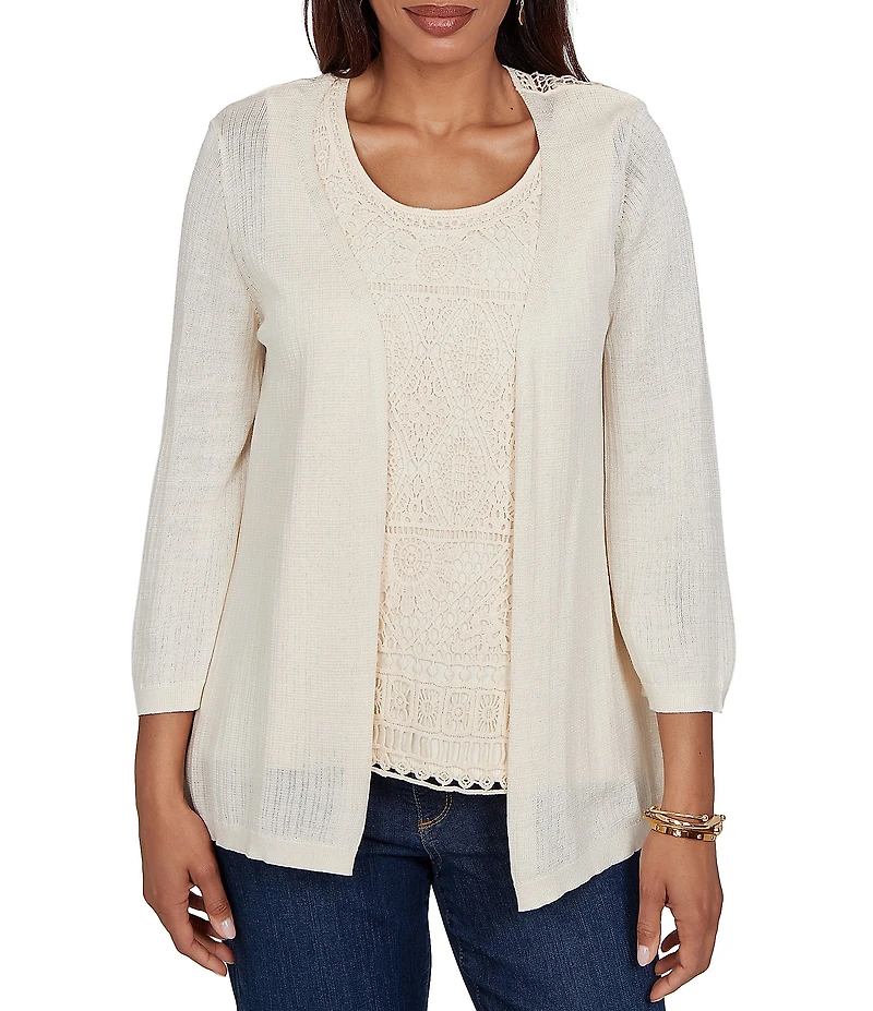 Ruby Rd. Mixed Knit 3/4 Sleeve Crochet Lace Open-Front Coordinating Cardigan