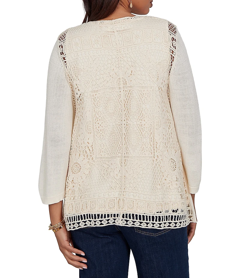 Ruby Rd. Mixed Knit 3/4 Sleeve Crochet Lace Open-Front Coordinating Cardigan