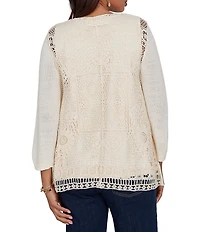 Ruby Rd. Mixed Knit 3/4 Sleeve Crochet Lace Open-Front Coordinating Cardigan
