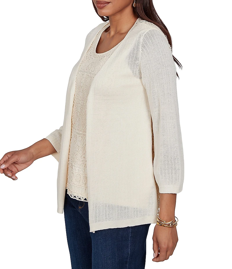 Ruby Rd. Mixed Knit 3/4 Sleeve Crochet Lace Open-Front Coordinating Cardigan