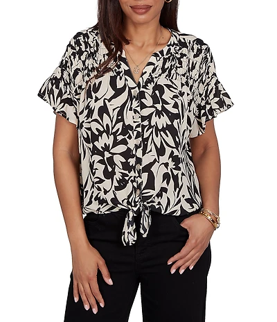 Ruby Rd. Mixed-Media Monochrome Floral V-Neck Short Ruffle Sleeve Button Tie Front Shirt