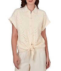 Ruby Rd. Mixed Media Point Collar Short Rolled Cuff Sleeve Button Tie-Front Top