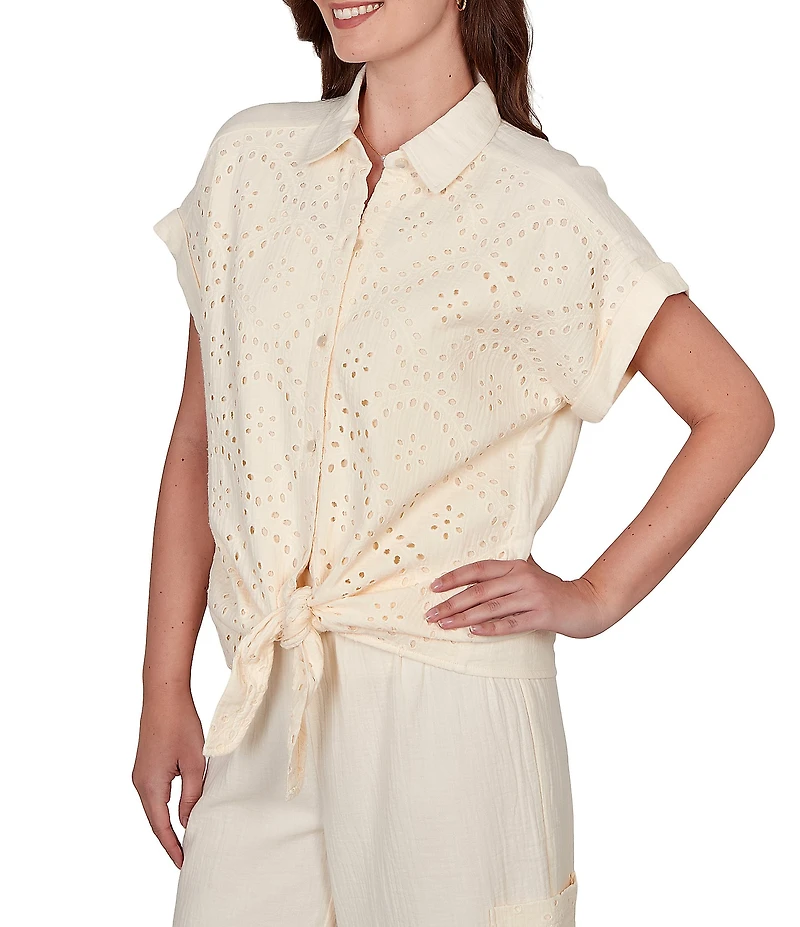 Ruby Rd. Mixed Media Point Collar Short Rolled Cuff Sleeve Button Tie-Front Top