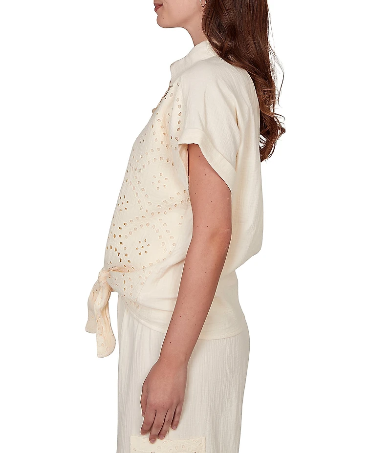 Ruby Rd. Mixed Media Point Collar Short Rolled Cuff Sleeve Button Tie-Front Top