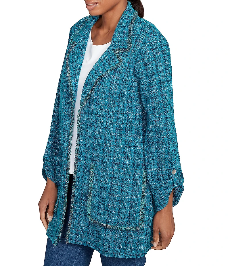 Ruby Rd. Notch Lapel Collar Long Roll-Tab Sleeve Open-Front Tweed Jacket