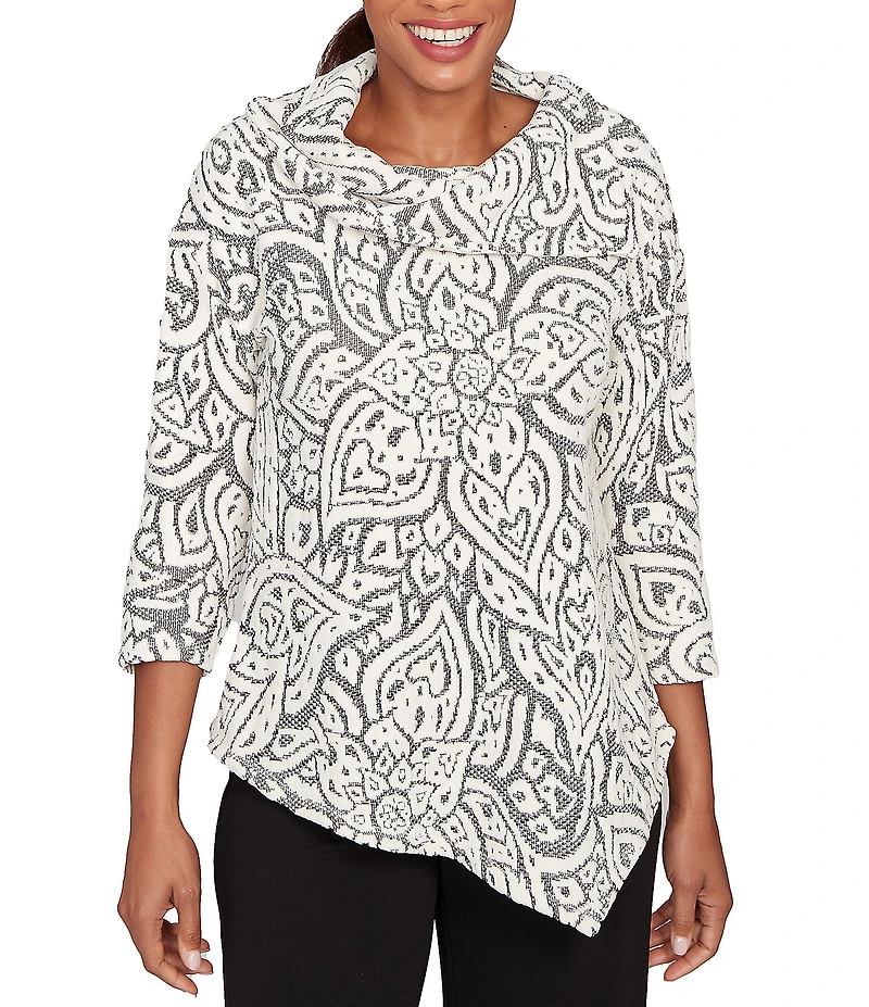 Ruby Rd. Paisley Jacquard Split Cowl Neck 3/4 Sleeve Asymmetric Hem Top