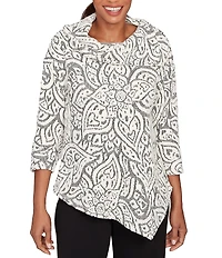 Ruby Rd. Paisley Jacquard Split Cowl Neck 3/4 Sleeve Asymmetric Hem Top