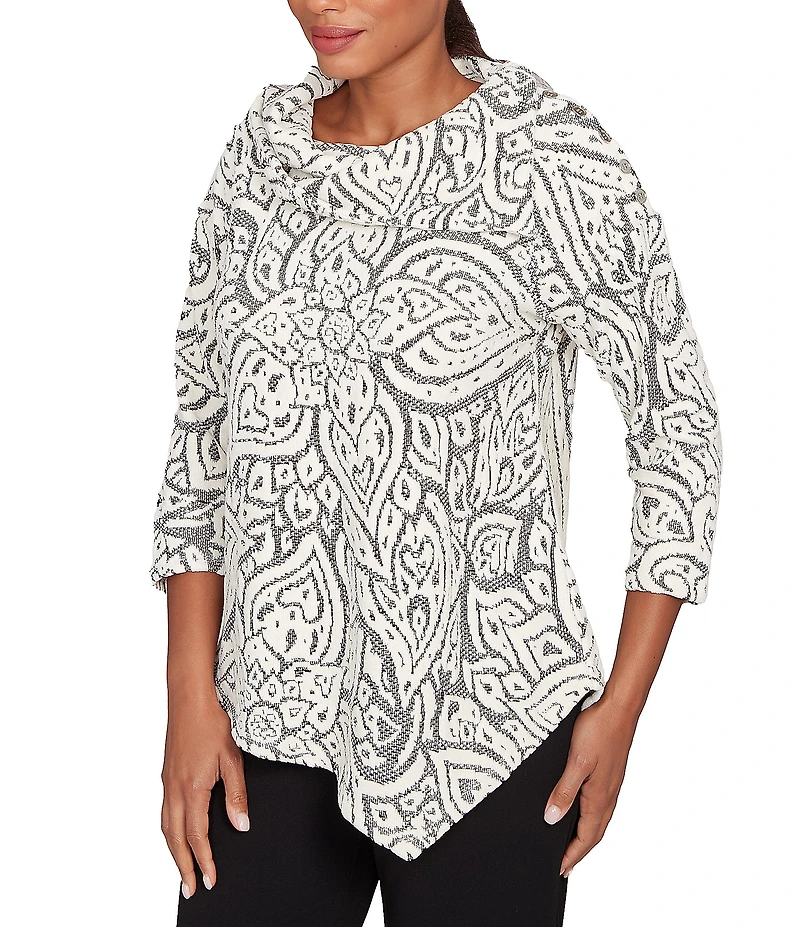 Ruby Rd. Paisley Jacquard Split Cowl Neck 3/4 Sleeve Asymmetric Hem Top