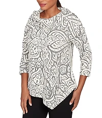 Ruby Rd. Paisley Jacquard Split Cowl Neck 3/4 Sleeve Asymmetric Hem Top