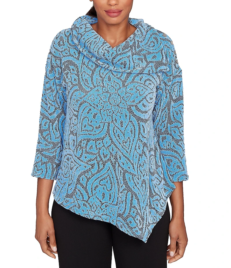 Ruby Rd. Paisley Jacquard Split Cowl Neck 3/4 Sleeve Asymmetric Hem Top