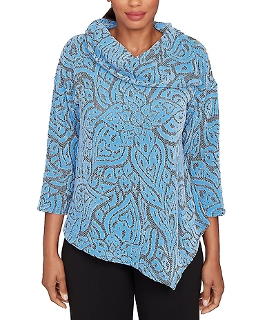 Ruby Rd. Paisley Jacquard Split Cowl Neck 3/4 Sleeve Asymmetric Hem Top