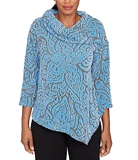 Ruby Rd. Paisley Jacquard Split Cowl Neck 3/4 Sleeve Asymmetric Hem Top
