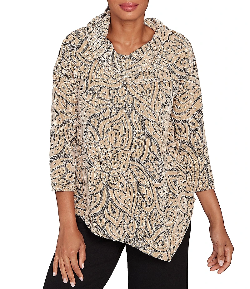 Ruby Rd. Paisley Jacquard Split Cowl Neck 3/4 Sleeve Asymmetric Hem Top