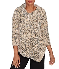 Ruby Rd. Paisley Jacquard Split Cowl Neck 3/4 Sleeve Asymmetric Hem Top