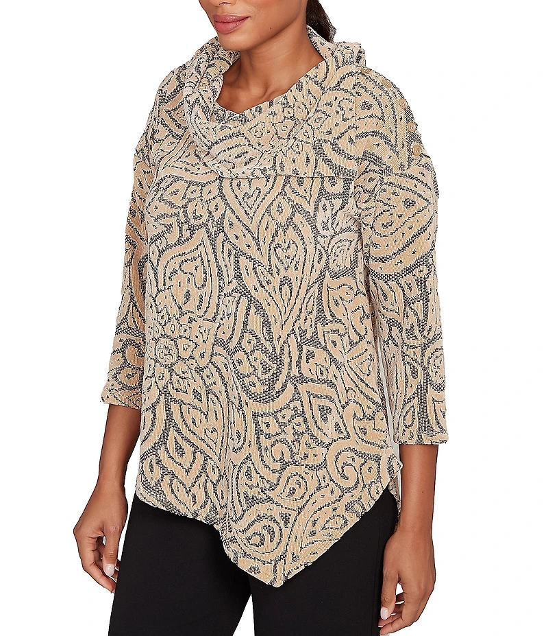 Ruby Rd. Paisley Jacquard Split Cowl Neck 3/4 Sleeve Asymmetric Hem Top