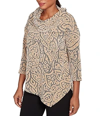 Ruby Rd. Paisley Jacquard Split Cowl Neck 3/4 Sleeve Asymmetric Hem Top