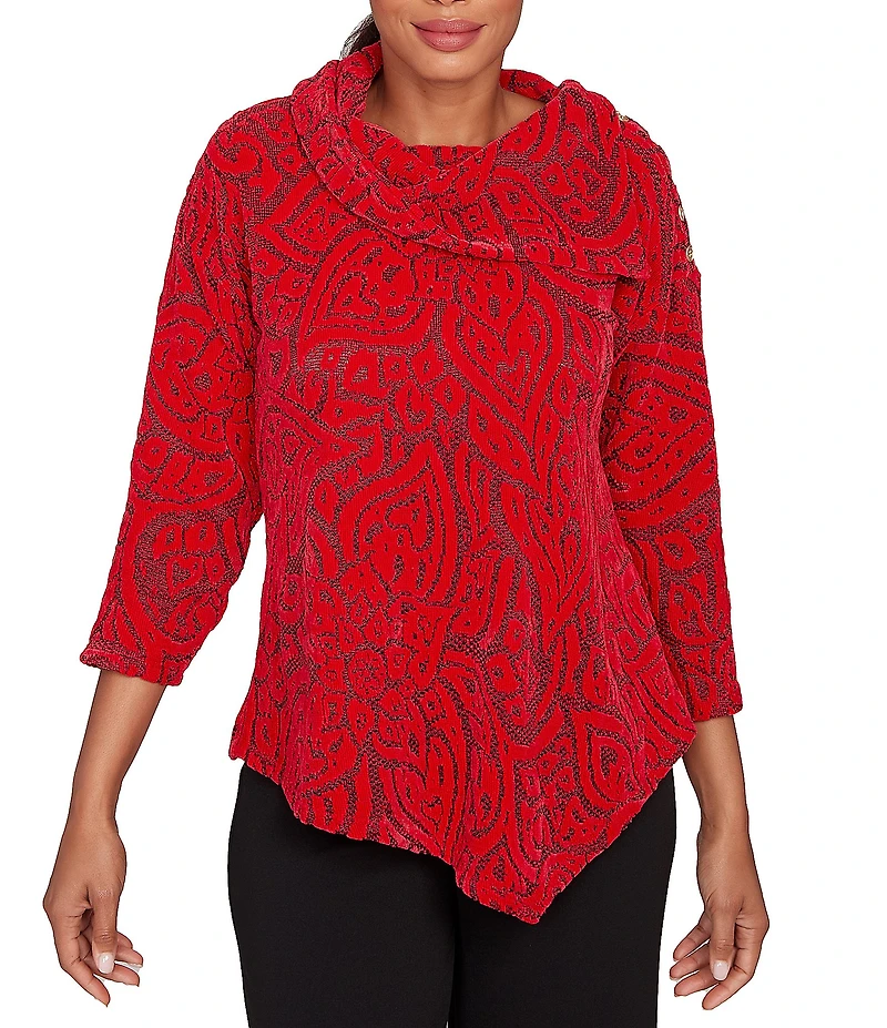 Ruby Rd. Paisley Jacquard Split Cowl Neck 3/4 Sleeve Asymmetric Hem Top