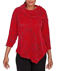 Ruby Rd. Paisley Jacquard Split Cowl Neck 3/4 Sleeve Asymmetric Hem Top