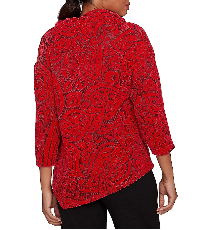 Ruby Rd. Paisley Jacquard Split Cowl Neck 3/4 Sleeve Asymmetric Hem Top