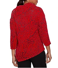 Ruby Rd. Paisley Jacquard Split Cowl Neck 3/4 Sleeve Asymmetric Hem Top