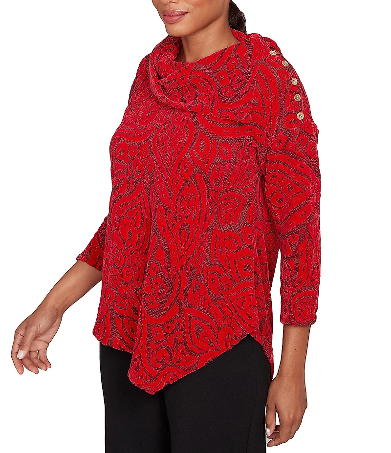 Ruby Rd. Paisley Jacquard Split Cowl Neck 3/4 Sleeve Asymmetric Hem Top