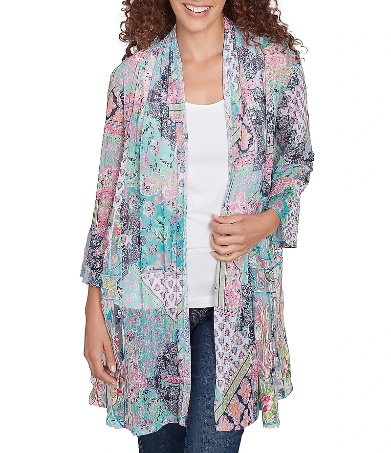 Ruby Rd. Paisley Patchwork Embroidered 3/4 Sleeve Open-Front Flowy Cardigan