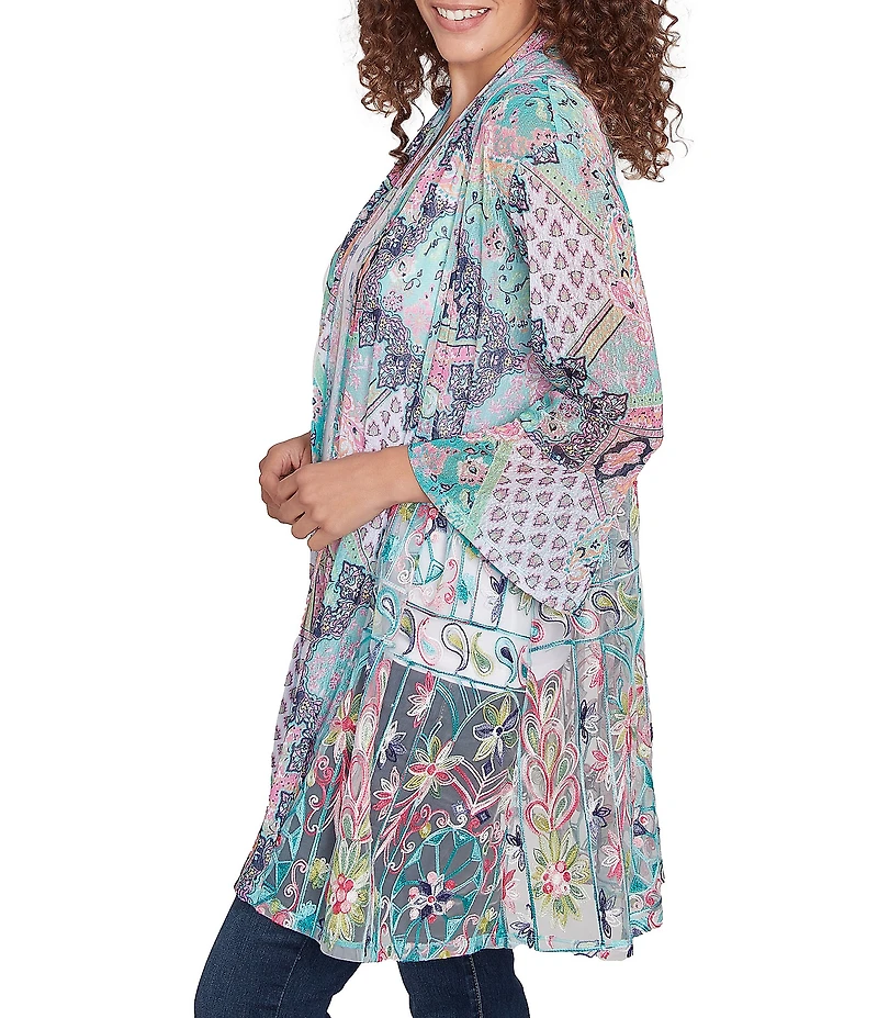 Ruby Rd. Paisley Patchwork Embroidered 3/4 Sleeve Open-Front Flowy Cardigan