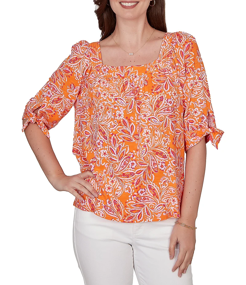 Ruby Rd. Paisley Square Neck 3/4 Sleeve Knit Top