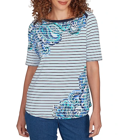 Ruby Rd. Paisley Stripe Envelope Neck Short Sleeve Top