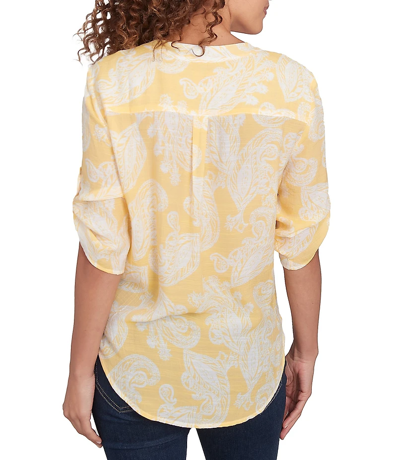 Ruby Rd. Paisley Woven Split V-Neck Elbow Length Roll-Tab Sleeve Button-Front Top