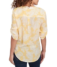 Ruby Rd. Paisley Woven Split V-Neck Elbow Length Roll-Tab Sleeve Button-Front Top