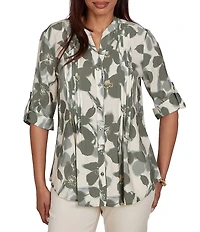 Ruby Rd. Petite Size Multi Silky Voile Shadow Floral Split V-Neck 3/4 Sleeve Pleated Button Front Shirt