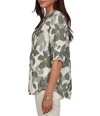 Ruby Rd. Petite Size Multi Silky Voile Shadow Floral Split V-Neck 3/4 Sleeve Pleated Button Front Shirt