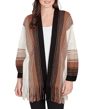 Ruby Rd. Petite Size Soft Textured Striped 3/4 Sleeve Fringe Hem Open-Front Cardigan