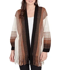 Ruby Rd. Petite Size Soft Textured Striped 3/4 Sleeve Fringe Hem Open-Front Cardigan