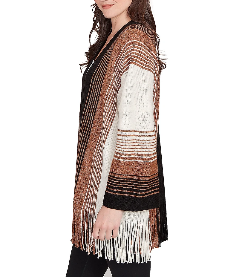 Ruby Rd. Petite Size Soft Textured Striped 3/4 Sleeve Fringe Hem Open-Front Cardigan