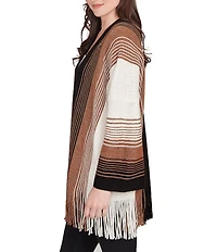 Ruby Rd. Petite Size Soft Textured Striped 3/4 Sleeve Fringe Hem Open-Front Cardigan