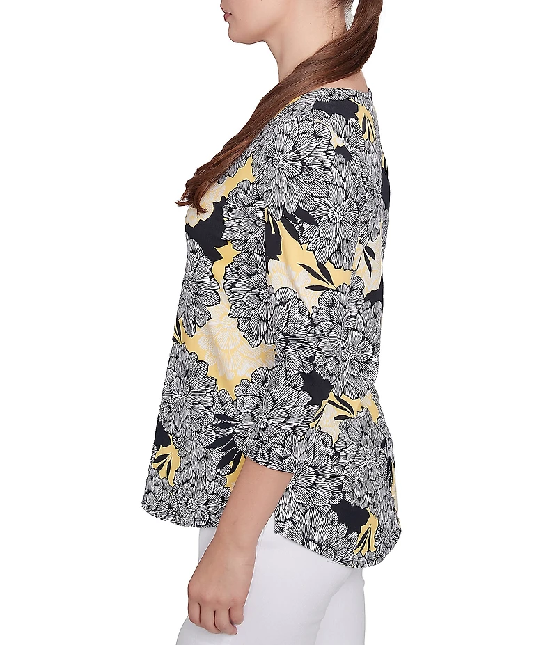 Ruby Rd. Petite Size Abstract Floral Dahlia Knit Crew Neck 3/4 Sleeve Top