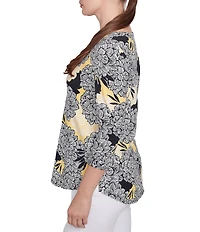 Ruby Rd. Petite Size Abstract Floral Dahlia Knit Crew Neck 3/4 Sleeve Top