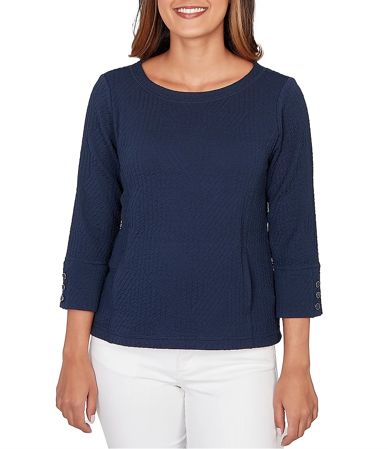 Ruby Rd. Petite Size Abstract Textured Pucker Knit Scoop Neck 3/4 Sleeve Top