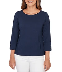 Ruby Rd. Petite Size Abstract Textured Pucker Knit Scoop Neck 3/4 Sleeve Top