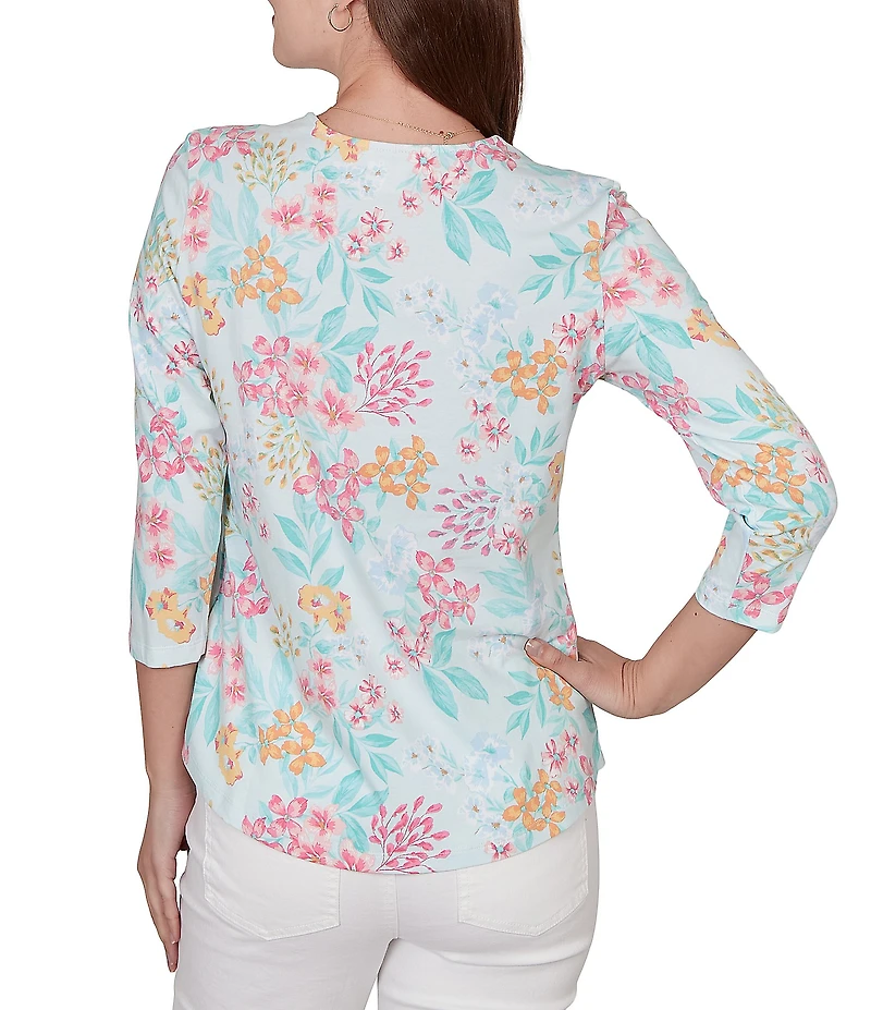 Ruby Rd. Petite Size Allover Floral Envelope Neck 3/4 Sleeve Knit Top