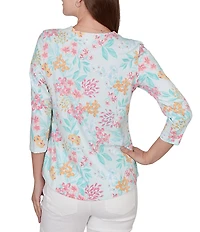 Ruby Rd. Petite Size Allover Floral Envelope Neck 3/4 Sleeve Knit Top
