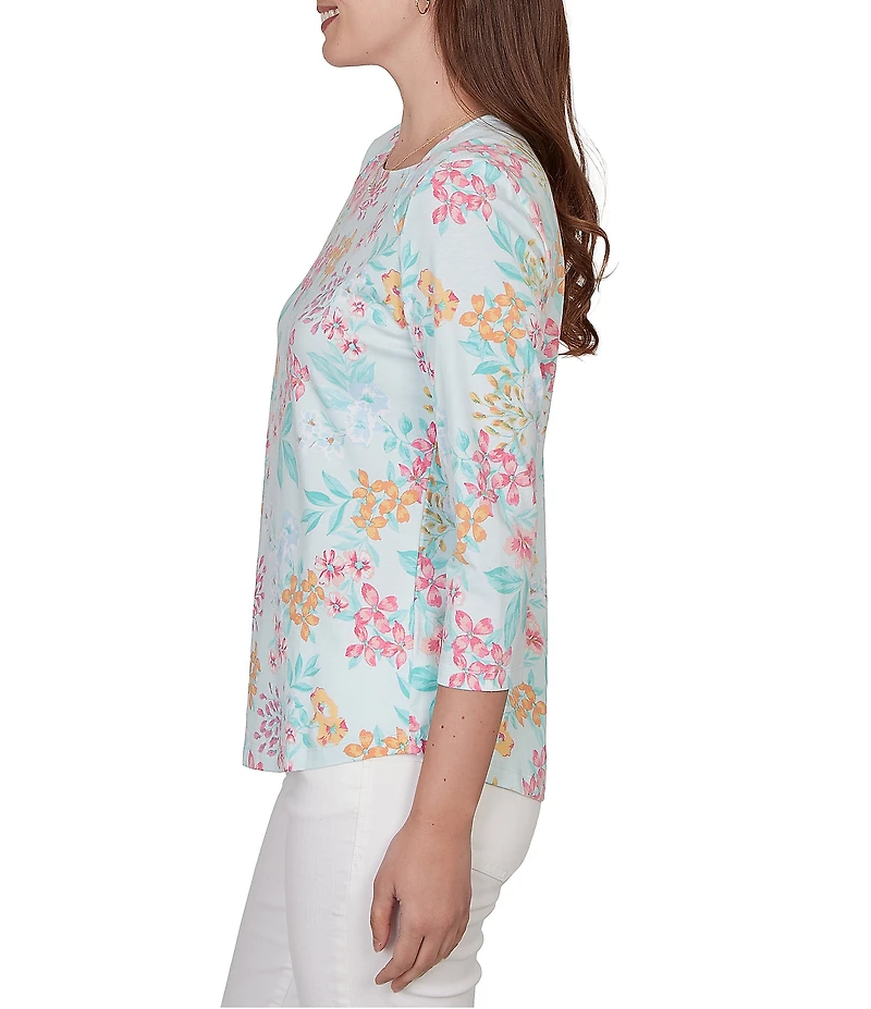 Ruby Rd. Petite Size Allover Floral Envelope Neck 3/4 Sleeve Knit Top