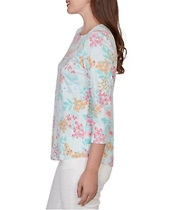 Ruby Rd. Petite Size Allover Floral Envelope Neck 3/4 Sleeve Knit Top