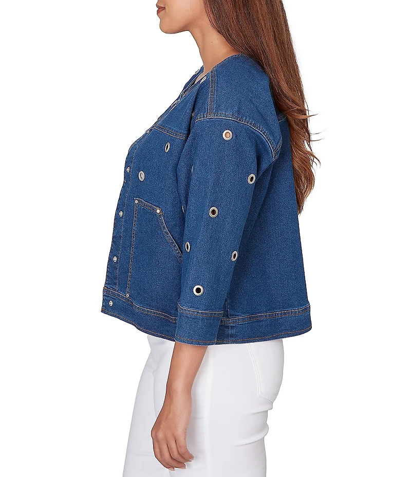 Ruby Rd. Petite Size Allover Grommet Accents 3/4 Sleeve Extra Stretch Denim Jacket