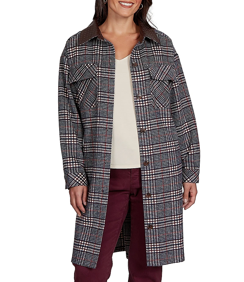 Ruby Rd. Petite Size Basket Weave Brushed Plaid Faux Leather Collar Long Sleeve Button Front Jacket