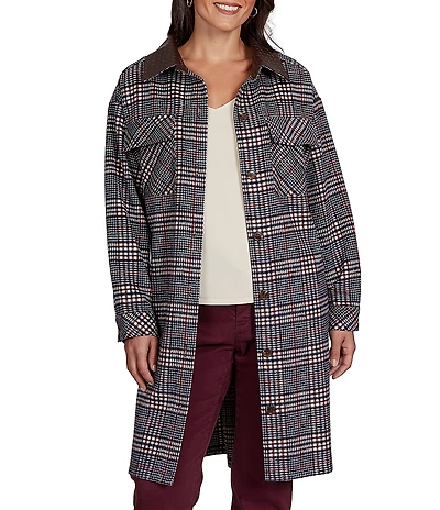 Ruby Rd. Petite Size Basket Weave Brushed Plaid Faux Leather Collar Long Sleeve Button Front Jacket